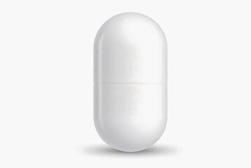 White Capsule Pill: Close-up studio shot of a single white capsule pill, isolated on a white background, showcasing its smooth, oblong shape and subtle shadow. 