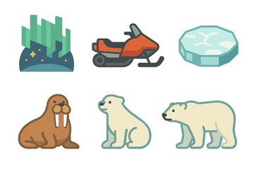 Obraz premium Polar adventure featuring wildlife and winter activities in a snowy landscape with northern lights