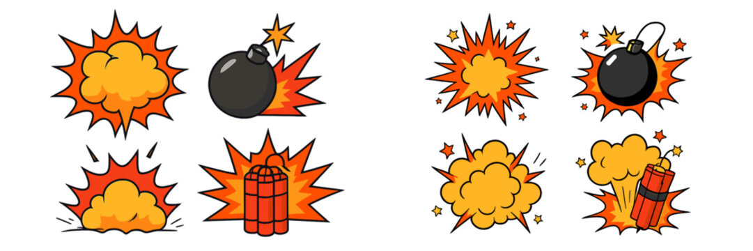 Explosive cartoon illustrations featuring bombs and dynamic explosions set against a white background