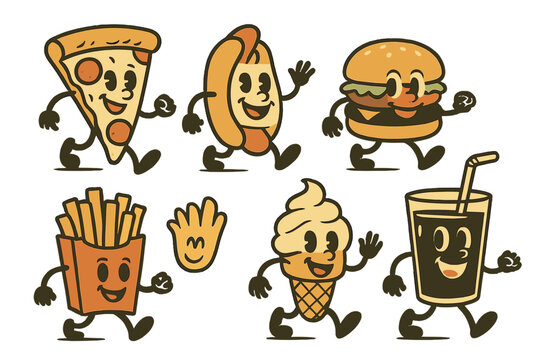 Fun cartoon characters of fast food running happily together in a playful scene