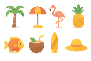 Vacation-themed summer illustration with tropical elements including palm trees, flamingos, and beach accessories