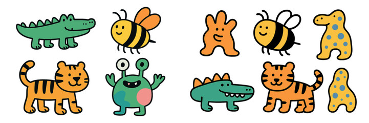 Naklejka premium Colorful cartoon animals and insects in playful designs showcasing creativity and fun characters