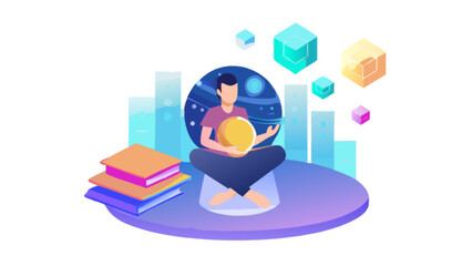 Illustration of man meditating with books and cubes for learning and concentration concept design vector