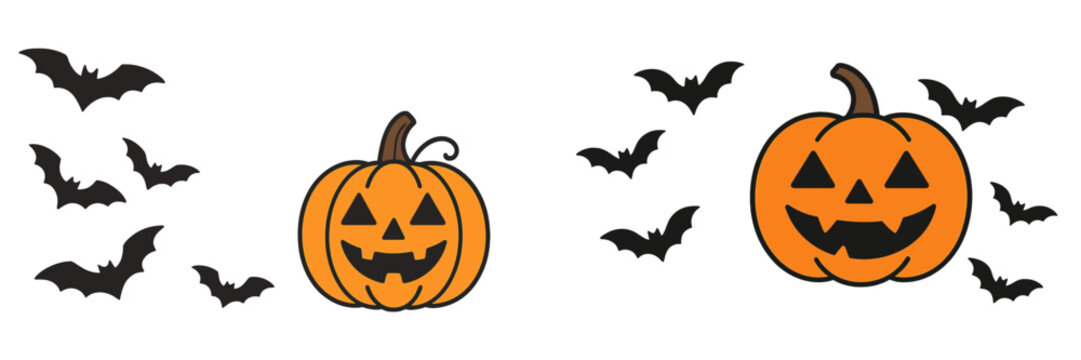 Halloween decorations featuring orange pumpkin and flying bats in a playful and festive arrangement for autumn celebrations