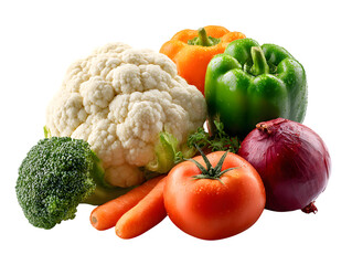 Fresh vegetables assortment showcasing cauliflower, broccoli, peppers, tomato, onion, and carrots against a dark, appealing background, ideal for healthy eating concepts, transparent background