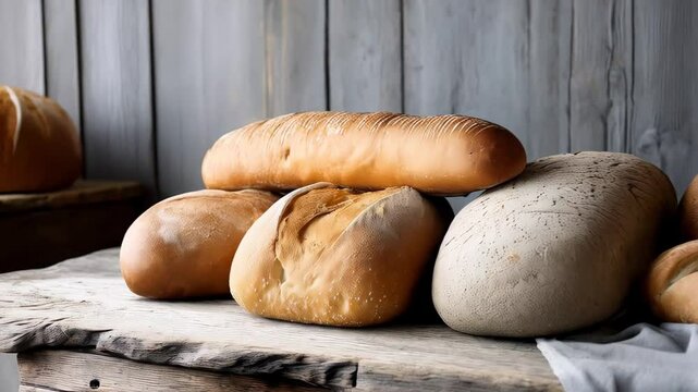 Various types of bread loaves arranged on a rustic wooden table against a gray wooden background