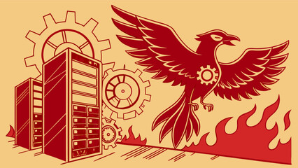Naklejka premium Phoenix server migration and database recovery with gears and fire for data center resilience and backup