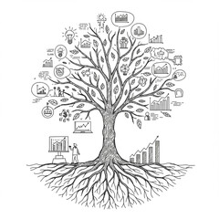 Inspiring sketch of business growth concept. tree with deep roots and branches holding data and information icons represents financial analysis and success for corporation