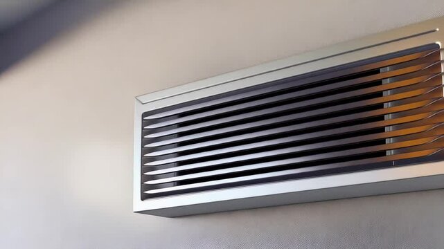 Powerful convector heater gradually warming interior space, transitioning from cool gray to glowing orange, showcasing efficient home heating technology