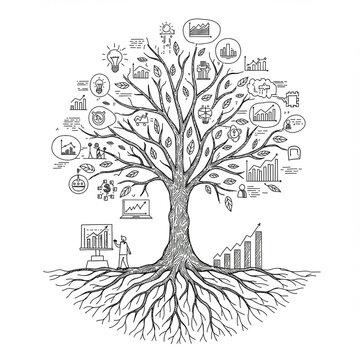 Inspiring sketch of business growth concept. tree with deep roots and branches holding data and information icons represents financial analysis and success for corporation