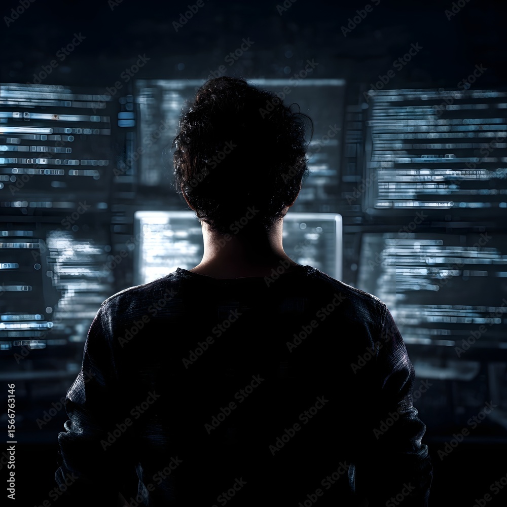 Poster person surrounded by multiple screens displaying code and data