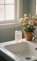Empty label hand soap dispenser bottle, placed on the bathroom sink