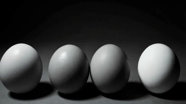 Row of four light-colored eggs displayed on a grey surface in front of a dark background in horizontal format