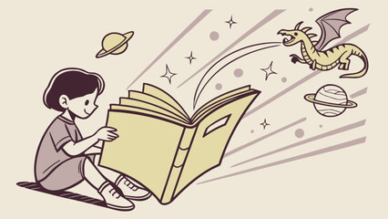 Reading book with dragon and planets illustration for kids story time and imagination concept art vector