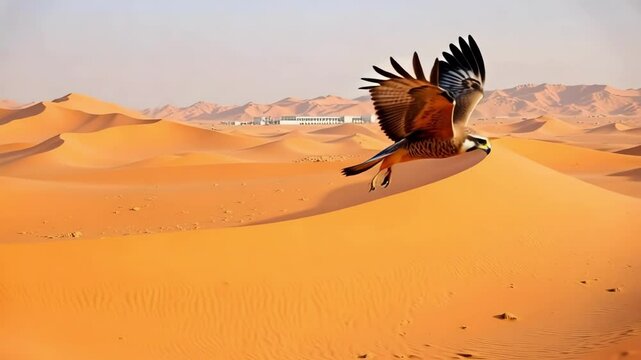 Witness a breathtaking aerial view of a falcon soaring gracefully over the rolling dunes near Al Maktoum Airport in the vast Dubai desert, United Arab Emirates.
