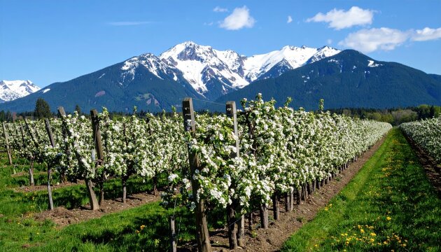 Rows of blossoming trees with snow-capped mountains in the distance - Powered by Adobe