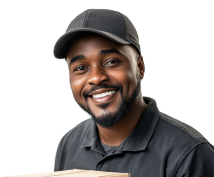 Delivery person smiling with package portrait positive vibe