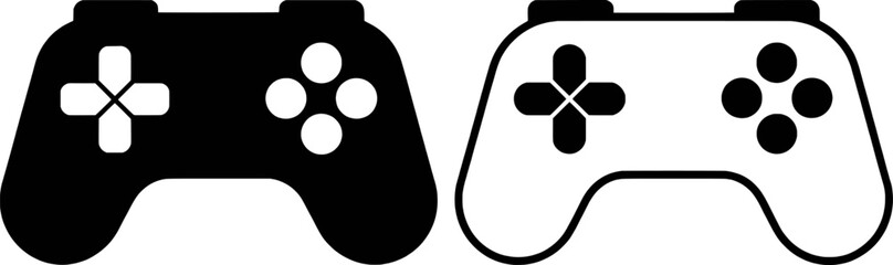 Black and white game controller icons with directional pad and buttons video game joystick