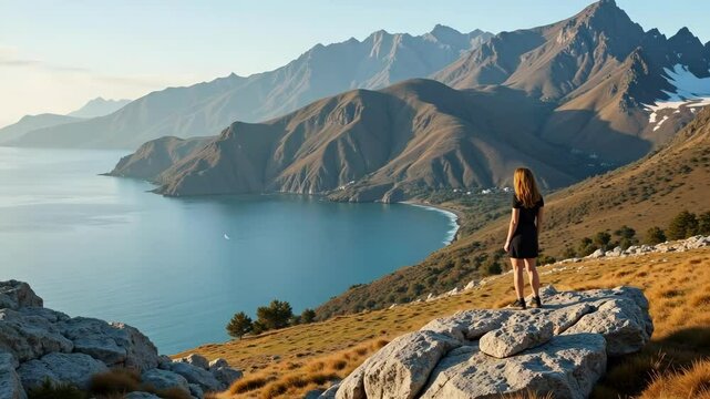 A peaceful woman enjoys the aerial vista of Captains Bay, Unalaska, with rugged rocks meeting the serene ocean and majestic mountains in the background.