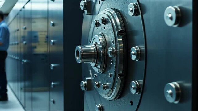 A close-up of a bank vault armored door. The background shows blurred figures of empty space. Professional security service, prevention of robbery and unauthorized access.