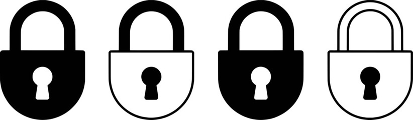 Black and white padlock symbols with keyholes in a set security