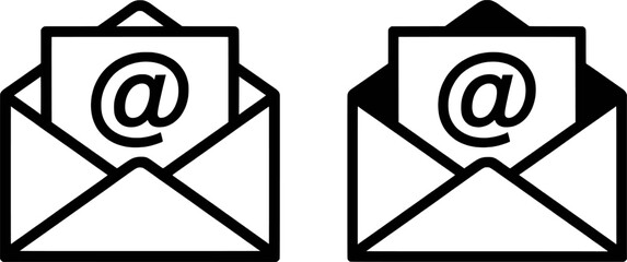 Black and white vector illustration of email envelopes with at symbols communication