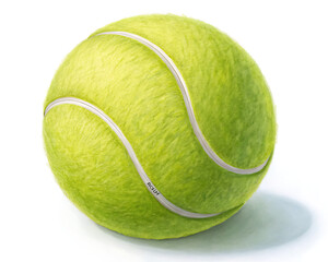 A single tennis ball with white lines on a white background casting a soft shadow on the surface below