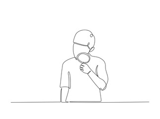 Smart boy Magnifying Glass draw in single outline illustration. Continuous line art drawing of curious Boy Holding a Magnifying Glass.