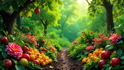 A vibrant, lush garden overflowing with blooming flowers and ripening fruits, symbolizing growth and abundance, representing a treasure cultivated with care and time , land, ripening, agriculture