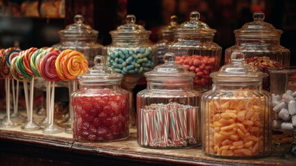 A candy shop display with jars full of bright, assorted lollipops and sweets