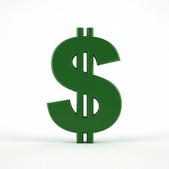 Green dollar sign representing money, finance, and currency. 3d business symbol isolated on white background, signifying wealth, economic growth, and financial success