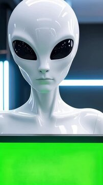 White alien with large black eyes holding a green screen. Futuristic extraterrestrial being with blank glowing chroma key screen.