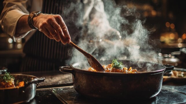 A chef stirring a delicious stew in a large, cast-iron pot on a stove, with steam rising from the pot, capturing the process of cooking in a professional kitchen.