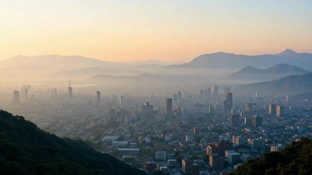 Experience the breathtaking beauty of Addis Ababa, Ethiopia, with this aerial footage showcasing soft sunrise light illuminating the misty city buildings and surrounding hills.