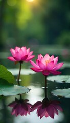 Serene Pink Lotus Blossoms Reflecting Sunlight on a Tranquil Pond Perfect for Meditation, Spa, and Yoga