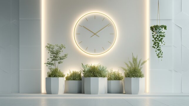 **A clean aesthetic interior with a frameless wall clock glowing softly on a white wall, balanced by green plants in geometric planters