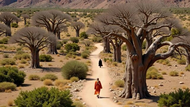 4K Aerial View of Baobab Trees and Woman in Diksam Plateau, Socotra Island, Yemen

