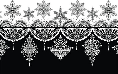  Black and White Ornate Snowflake Pattern Borders and Mandalas, Featuring Elegant Filigree Elements, Droplet Accents, and Traditional Motifs, Ideal for Holiday and Decorative Designs, Vector Seamless.