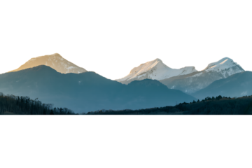 Majestic snow capped mountain range illuminated by golden sunrise light isolated on transparent background