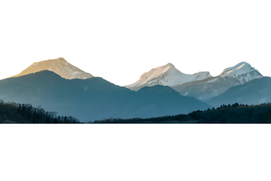 Majestic snow capped mountain range illuminated by golden sunrise light isolated on transparent background