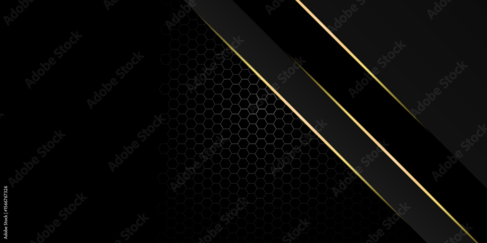 Poster abstract dark grey metallic overlap golden line light polygon mesh design. black overlap layers. tex