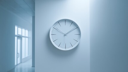 **A pure white interior wall with a soft-edged round clock, almost blending in, designed for ultimate minimalist balance and harmony