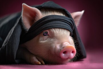 Cute pig wearing a black cloth covering its head rests peacefully on a soft surface in a cozy indoor setting