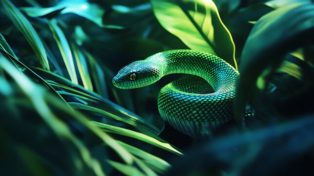 Jungle serpent camouflaged on wood tree branch high resolution picture