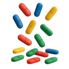 Scattered colorful oval pills with a dividing line isolated on transparent background