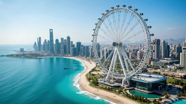 A captivating aerial exploration of Ain Dubai, the enormous Ferris wheel, showcased against Dubai's striking skyline and sparkling Arabian Gulf coastline.