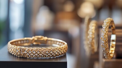 Obraz premium A stylish gold bracelet placed on the left, softly blurred jewelry boutique