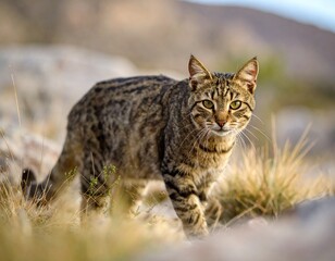 Fototapeta premium A cat is eating leaves from a bush in a rocky area. Kitty consume plant matter amid stone ground.