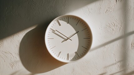 **A top-down angle showing a textured ivory wall with a minimalistic white clock in focus and soft natural light falling across it