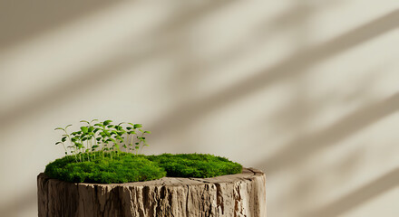 Delicate green seedlings sprout from lush moss growing on a weathered wooden stump with dappled...